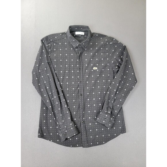 Lacoste Shirt Mens 2XL Black Gray Micro Print Button Down Long Sleeve Croc Logo - Picture 1 of 11
